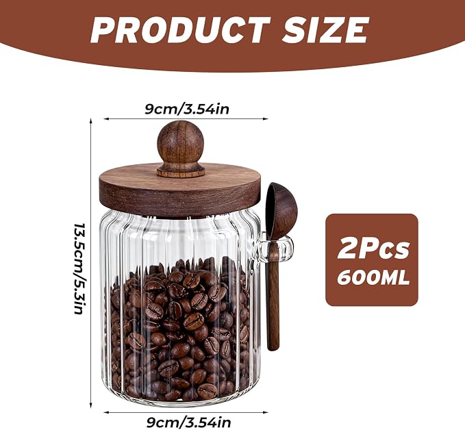 2 Pack 20oz Glass Brown Sugar Keeper Wooden Lid Canister | Farmhouse glass sugar keeper with spoon, airtight wooden lid 20oz, great for coffee bean, tea, baking spice kitchen storage
