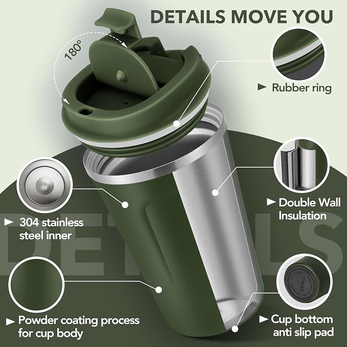 Volhoply 12 oz Double Wall Insulated Vacuum Travel Coffee Mugs with Flip Lid Bulk 2 Pack,Reusable Stainless Steel Leak Proof Coffee Cup,Portable Thermal Tumbler for Cold & Hot Drinks(Army Green,2 Set)
