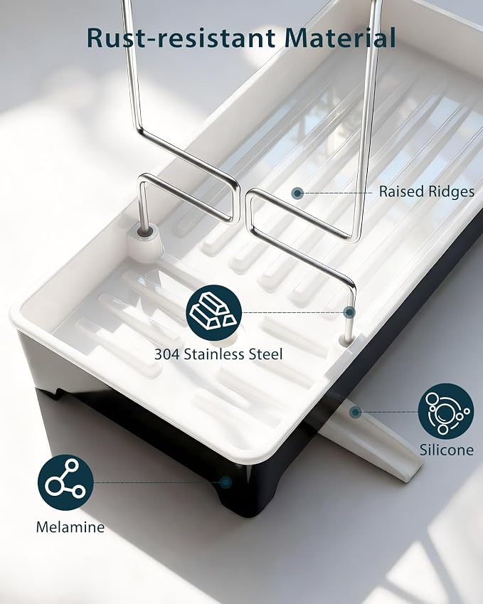 Minimalist Sink Caddy, Rustproof Sponge Holder for Kitchen Sink Black | Large Rustproof countertop organizer with 304 stainless steel brush holder, raised ridges and silicone drain tube