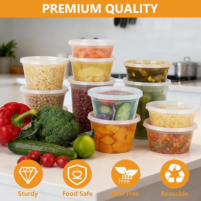 72 Sets (144-Piece) Deli Containers with Lids,8oz X 72 Set Each | Leak-Proof & BPA Free Airtight Takeout Plastic Food Storage Containers for Soup, Meal Prep, Microwave/Freezer Safe