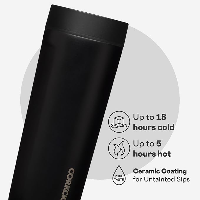 Corkcicle Commuter Cup Travel Mug - Insulated Coffee Mug with Lid - Keeps Drinks Cold 18 Hours - 360° Spill-Proof Sip Lid - Holiday Gift - Great for Gifting Warmth - 17 oz - Matte Black