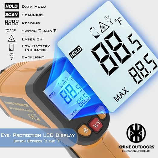 KNINE OUTDOORS Infrared Thermometer Gun, -58℉ to 1112℉ | Temp Gun, Laser Temperature Gun, for Cooking, Oven, BBQ, Griddle, Meat, HVAC Engine, Distance to Spot Ratio 12:1, Orange