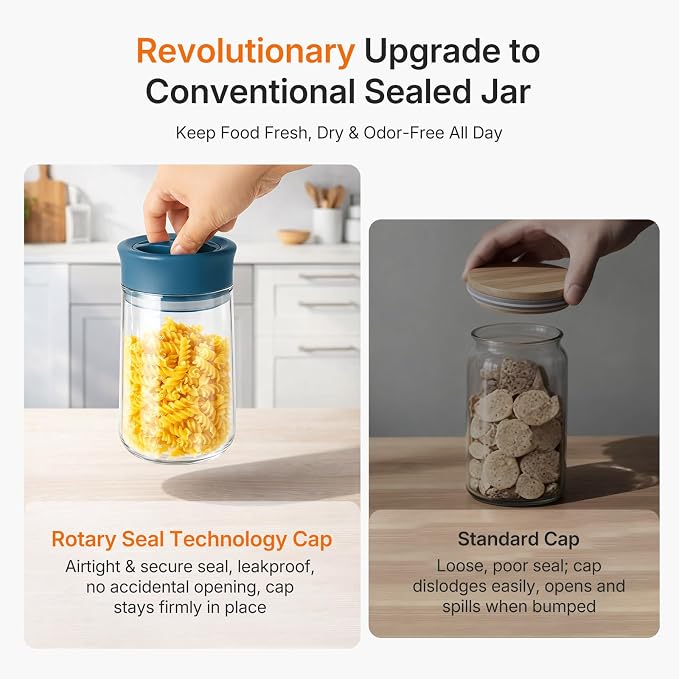 Airtight Glass Jar with Rotary Lid for Kitchen, Counter, Pantry, 27 fl oz | Wide Mouth, Easy Open/Clean, Clear Borosilicate Food Jar with Scale, Lock Freshness for Coffee, Oats, Pasta, Cookies, Cereal
