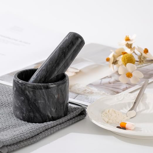 Marble Mortar and Pestle Set, 3 inch Pill Crusher Grinder Fine Powder | Mortar and Pestle with Brush & Spoon for Pills Herbs Spices | Easy to Grip | Gets a Fine Grind Easily, Arthritic Hands（Black）