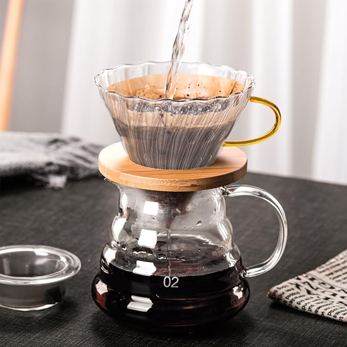 Gute Glass Pour Over Coffee Dripper 1-4 Cups with Bamboo Stand & Handle | Spiral Inner Design,Heatproof Glass,No Plastic Contact,Detachable for Easy Clean,Fits Most Mugs & Carafes,Home Office