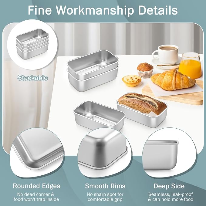 TeamFar Mini Loaf Pan, 4 PCS Stainless Steel Loaf Pans for Baking Bread | 6.3 x 3.5 Inch Bread Baking Pan for Homemade Bread, Meatloaf, Cake and Brownies, Non-Toxic, Oven & Dishwasher Safe