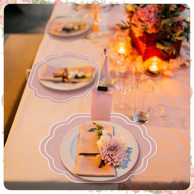 6 Pcs Pink Wedding Placemats Scalloped Embroidered Cotton Linen Placemats 17" x 13" Double Layered Machine Washable Table Place Mat for Party Table Decor (Cotton)