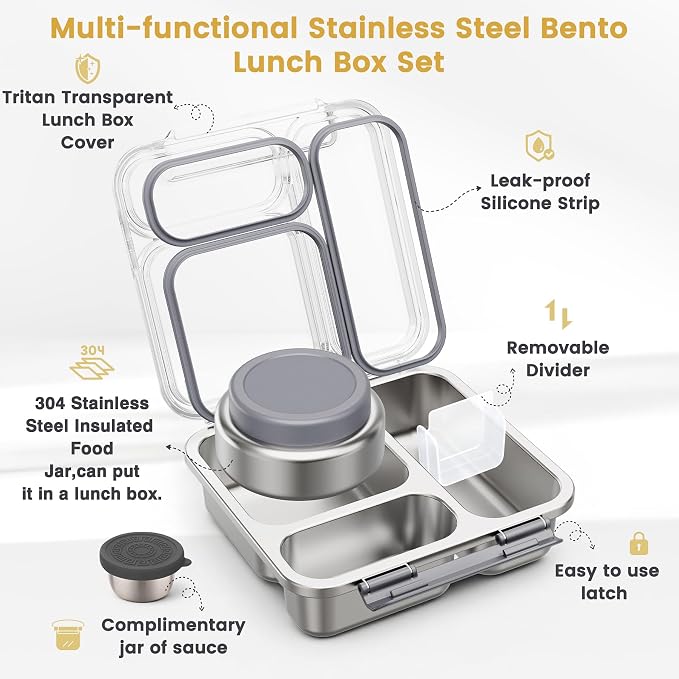 Stainless Steel Bento Box Kids Adult with 7oz Soup Thermo, Transparent Lid 3 Compartments Metal Bento Lunch Box with Insulated Food Jar,Lunch Box Container Sauce Cup for School,BPA-Free(Grey)