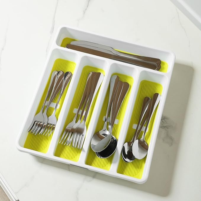 5-Compartment Silverware Organizer Tray with Icons for Kitchen Drawer | Non-slip TPR Linings，5-Compartment，High-quality Plastic，Fits Well In Standard Drawers，With Cutlery Icons