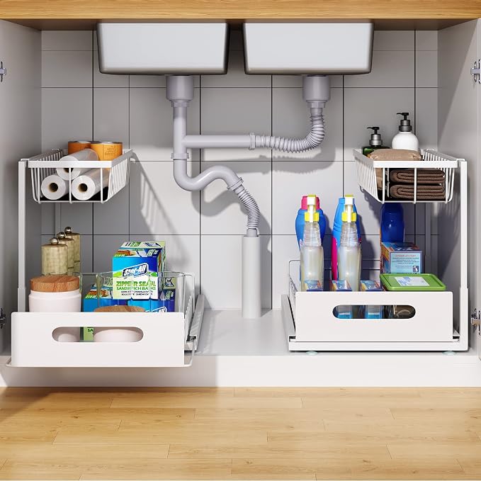 Under Sink Organizer, 2 Tier Pull-Out Cabinet Storage Shelf, Rust-Resistant Metal Organizer for Kitchen Bathroom Laundry Room, No Tools Installation, 1 Pack White
