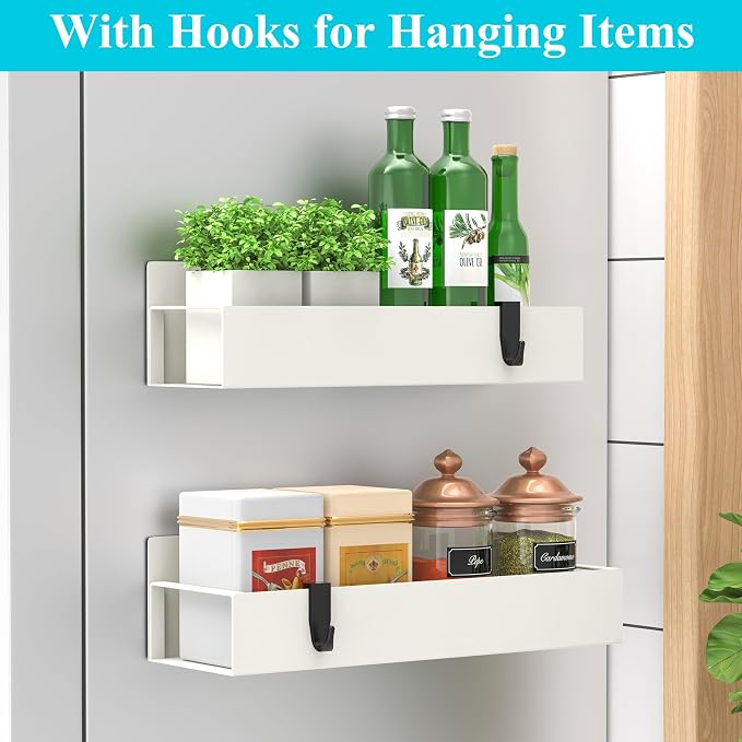 Metal Magnetic Spice Rack for Refrigerator Cream White, 2 Pack | Magnetic Shelves Heavy Duty for Fridge in Kitchen, Seasoning Storage Organizer, For Oven Washer and Dryer, For Heavier Items