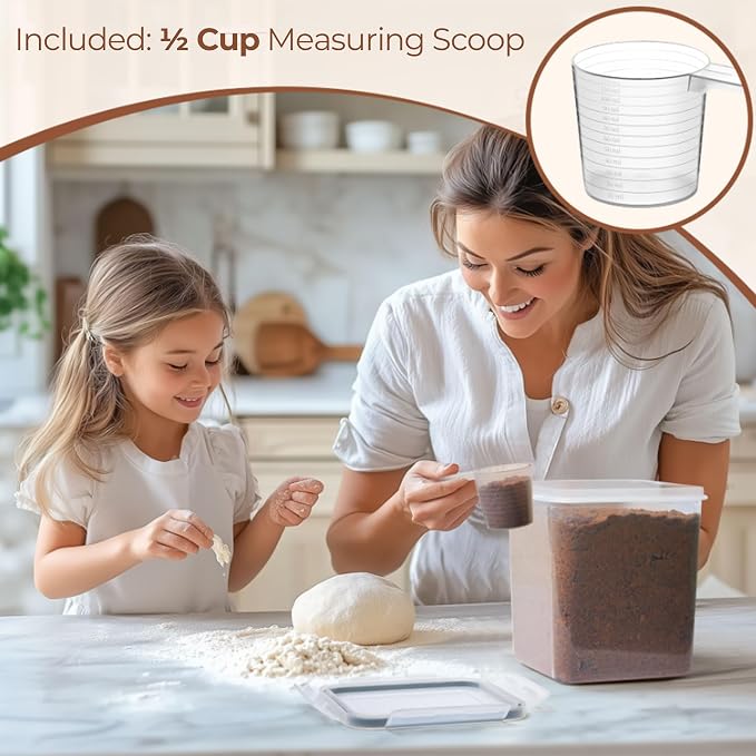 ComSaf Airtight Brown Sugar Containers with Terra Cotta Saver 2.6Qt 2Pack | Plastic Food Storage Canister with Lid, Sugar Flour Cereal Oats, Pantry Kitchen, Stackable Brown Sugar Keeper, Label & Scoops