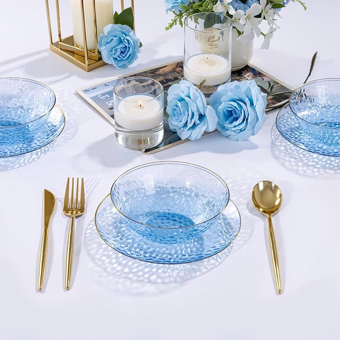 30 Pack 12 Ounce Blue Plastic Bowls Hammered Clear Bowl with Gold Rimmed, Heavy Duty Disposable Bowl Set,Elegant Small Bowls for Party, Weddings, Catering