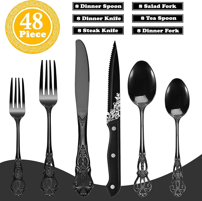 Runfly Gorgeous Retro Royal Black Stainless Steel 48-Piece Flatware Set | Silverware Set for 8, Anti-rust Cutlery Set Utensils Kitchen Including Fork Spoon and Knife