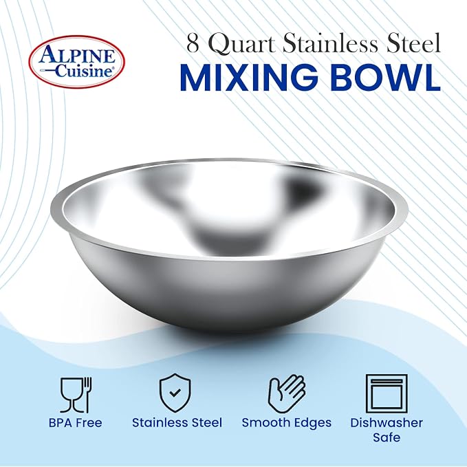 Alpine Cuisine Deeper Edge 8-Quart Stainless Steel Mixing Bowl - Heavy Duty & Dishwasher Safe, Perfect for Meal Prep, Salads & Serving