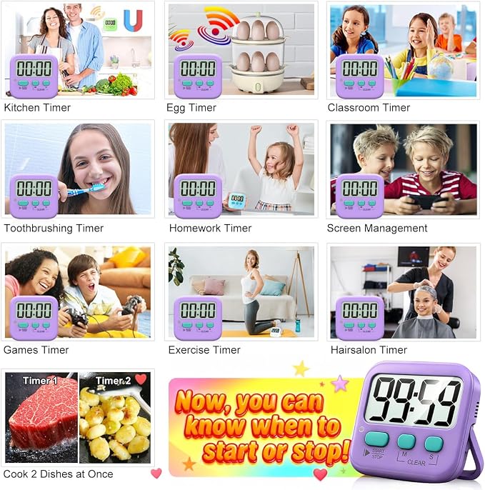 2 Pack Digital Timer for Kids Classroom Kitchen Timers for Cooking | w/ Battery, Easy to View, Alarm, Mute Mode, Count Down/Up, Magnetic, Kickstand, Hanging, Classroom Timer for Teacher Supplies