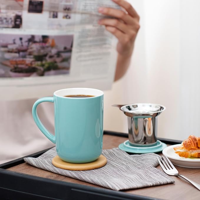 CEEFU 16oz Porcelain Tea Mug with Infuser, Lid and Coaster | Teaware with Filter, Loose Leaf Tea Cup Steeper Maker, Tea/Coffee/Milk/Women/Office/Home/Gift, Turquoise
