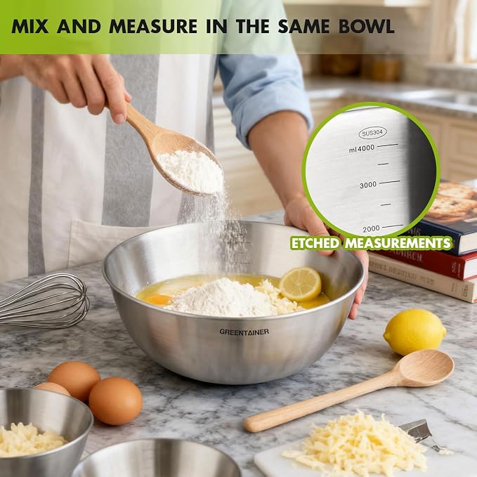 Greentainer Stainless Steel Mixing Bowls Set of 5 | 5.2 to 0.8 Qt Nesting Bowls with Measurement Markings | Dishwasher Safe | Metal Kitchen Bowls for Baking, Prepping, Cooking and Serving Food