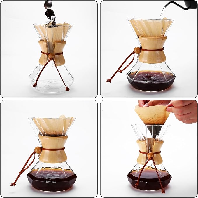 Lalord Pour Over Coffee Maker, 550ml Borosilicate Glass Carafe & Dripper, Wooden Collar, Cowhide Rope, Includes 100 PCS Paper Filters (Clear, 19 oz)