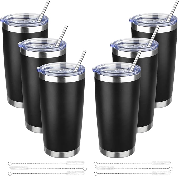 20 oz Tumbler with Lids and Straws, Stainless Steel Insulated Travel Coffee Mug, Double Wall Vacuum Insulated Tumblers, Powder Coated Coffee Tumbler for Cold & Hot Drinks (Black,6pack)