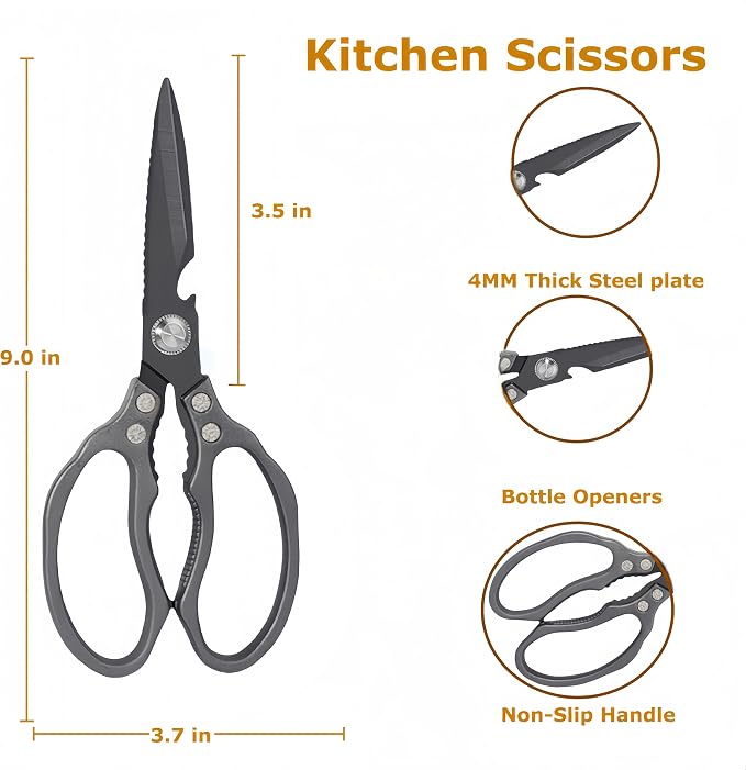 AWinjoy Heavy Duty Sharp Kitchen Scissors - Dishwasher Safe Black Cooking Shears for Meat, Chicken, Fish, Poultry, Herb, Bread (All Black)
