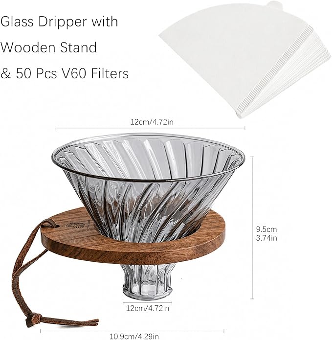 V02 Pour Over Coffee Maker, Black Clear Glass Dripper with Black Walnut Wooden Stand & 50 Pcs V60 Filters, Premium Coffee Pour Over Set, 1-4 Cups