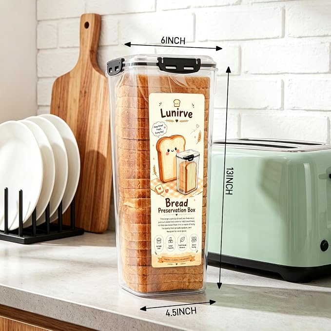 Plastic Bread Box Container with Pull Out Tray for Kitchen 1 Pack | Homemade Loaves and Baked Goods Breads Storage with Airtight Lid BPA Free