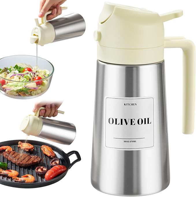 PARACITY Stainless Steel Oil Dispenser Bottle, 2-in-1 Sprayer, 16 oz, White | Ceramic interior supports fine mist or smooth pouring; drip-control spout suits cooking, BBQ, air fryer, salads, and baking.