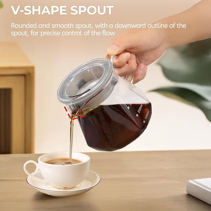 Pour Over Coffee Maker 400ml Borosilicate Glass Drip | Coffeemaker Server Set with 50pcs V60 Cone Paper Filters Walnut Collar Glass Lid Clear Hand Brew Dripper Carafe 13.5oz