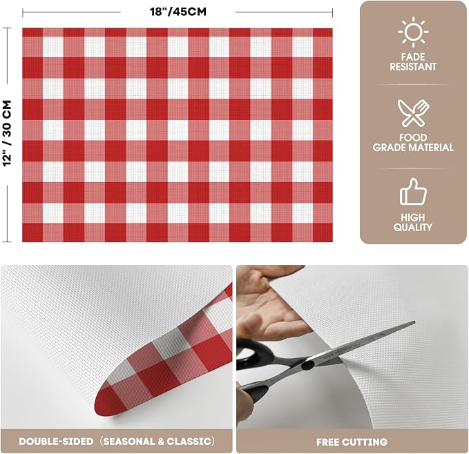 Artoid Mode Buffalo Plaid Vinyl Placemats Set of 6, 12x18 Inch Washable Non-Slip Heat Resistant Plastic Place Mats for Party Dining Table, Red/White