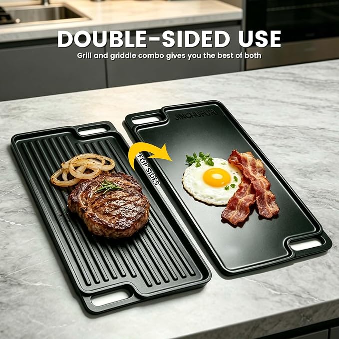 Reversible Cast Iron Griddle Pan 16 Inch | Enamel Nonstick Coating, Even Heat. Rust Revention. Gas, Electric & Induction. For Camping, BBQ and Home Cooking.
