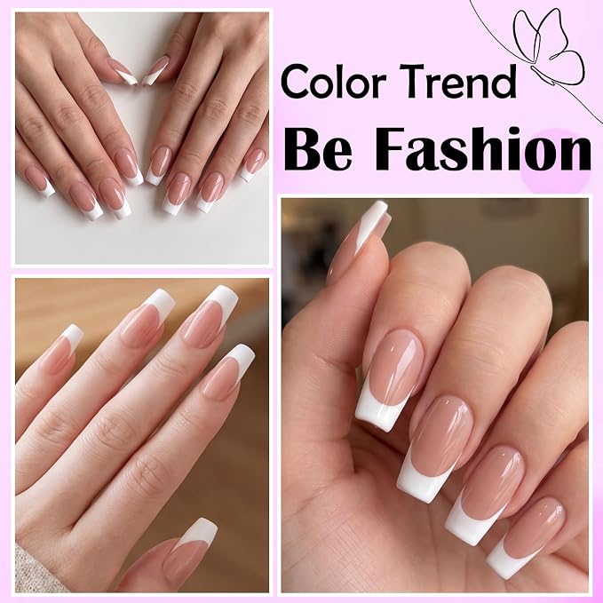 240pc White French Tip Press on Nails Medium Square Acrylic Nail, Coffee Press ons Fake Nails with Glue & Tabs, 12 Sizes Glue on Nails Medium Press-on Nail Square Stick on Nail for Women Girls