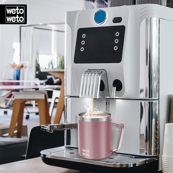 WETOWETO Coffee Mug with Handle, 14oz Insulated Stainless Steel Coffee Travel Mug, Double Wall Vacuum Reusable Coffee Cup with Lid, Powder Coated Rose Gold