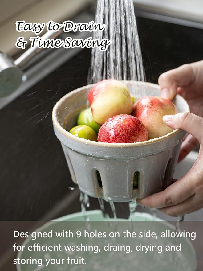 Gomakren Ceramic Berry Bowl Set of 2, Fruit Containers for Fridge, Gray | Drain Holes Keep Berries Fresh, Stackable, Wash & Serve | 5.8In Round Strawberry Grape Cherry Basket, Farmhouse Kitchen Decor