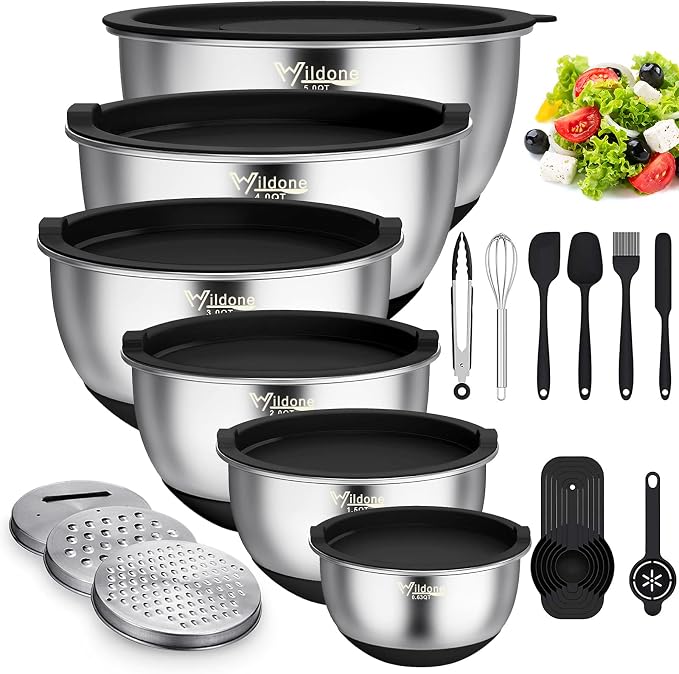 Wildone Mixing Bowls with Airtight Lids, Stainless Steel Mixing Bowls Set | Metal Bowls with 3 Grater Attachments & Non-Slip Bottoms, Size 5, 4, 3, 2,1.5, 0.63QT, Includes Utensil Set for Prep, Black