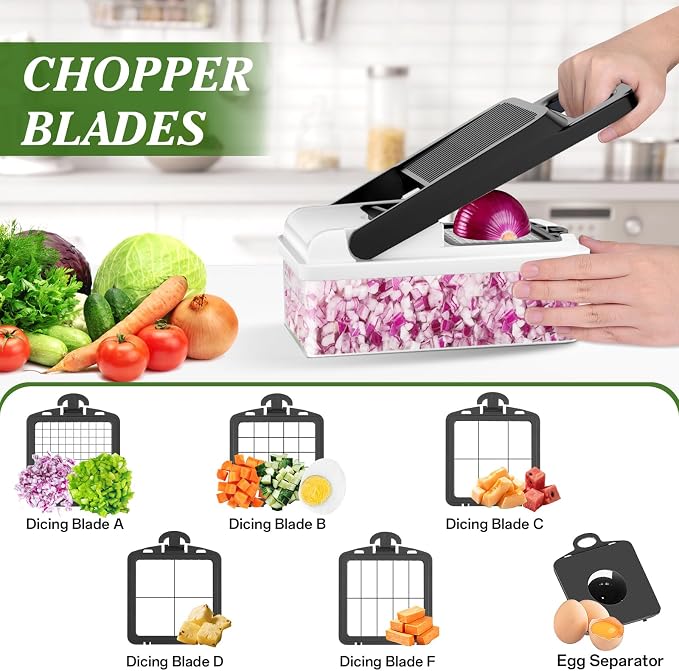 HomeHacks Veggie Chopper Vegetable Cutter, 15 in 1 Kitchen Gadget, White | Dicer, Slicer, Cutter, Slap Chop, Cheese Grater & Egg Separator - Multi-Functional Salad Fruit Onion Chopper with Container