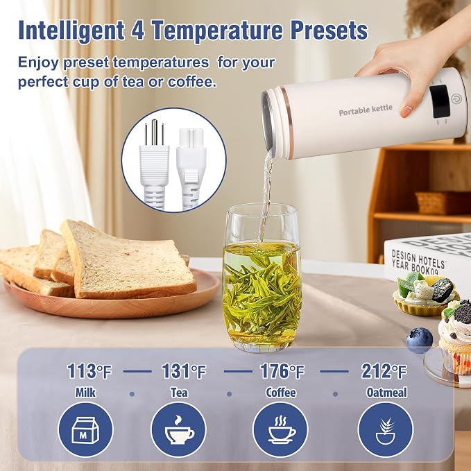 Touxila Portable Electric Kettle for Travel 120V, 13.5oz, 4 Temp Settings | 304 Stainless Steel Lining,Fast Boiling Water,Auto Shut-Off,Boil Dry Protection,Small Kettle for Office & Hotel(Beige, 400ML)