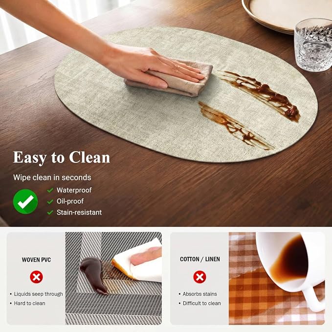 Placemats Set of 6-17" x 11.8" Waterproof & Heat Resistant Oval Place Mats, Wipeable Washable Double Layer Faux Leather Table Mats, Sage Green