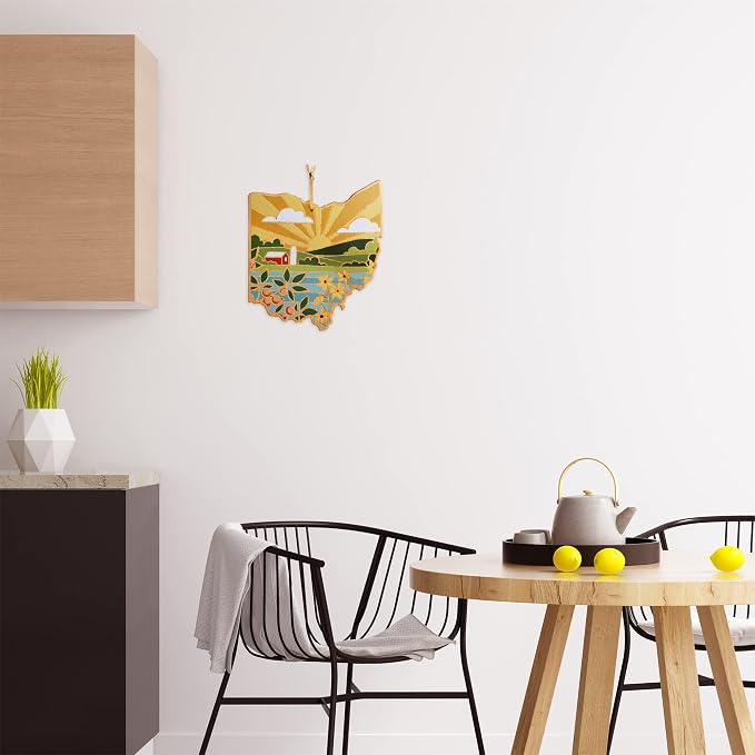 Totally Bamboo Ohio State Shaped Cutting Board, Summer Stokes Art | State charcuterie board with colorful hand-drawn landscape art. Smooth reverse side for food prep. Hang tie for wall display.