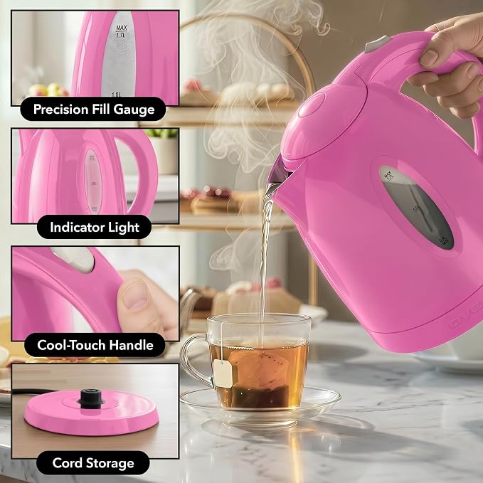 OVENTE 1.7L Electric Kettle with 1100W Fast Boiling Water, Pink KP72P | Best For Coffee or Tea, BPA-Free, Water Level Gauge, Auto Shut-Off, Indicator Light, Boil-Dry Protection & Removable Filter