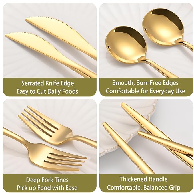 60-Piece Gold Silverware Set for 20, Food Grade Stainless Steel Flatware Set with Thickened Forks Spoons Knives, Mirror Polished Gold Cutlery for Wedding Party Restaurant, Dishwasher Safe
