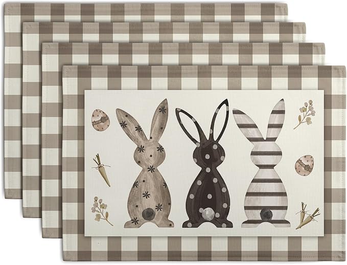 Easter Bunny Buffalo Plaid Placemats Set of 4 Rabbit Spring Egg Dining Table Placemats 12x18 Inch Check Brown White Heat Resistant Washable Table Mats for Kitchen Dining Holiday Indoor