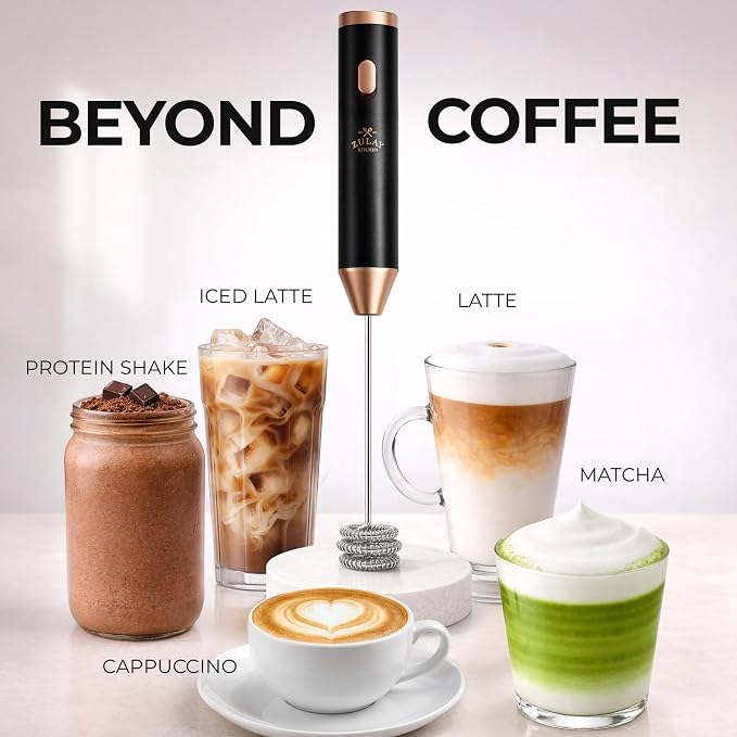 Zulay Kitchen Rechargeable Milk Frother Handheld - Frother Wand, Drink Mixer, Electric Whisk Frother, for Cappuccinos, Matcha & Protein Powder - Ultra Metal 4 Whisk, 1800mAh Black Copper