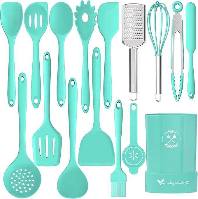 Silicone Kitchen Utensils Set, 16-Piece Silicone Cooking Utensils by Deedro | Heat Resistant Kitchen Tools Set with Holder, Nonstick Spatula Kitchen Gadgets for Cooking & Baking, Green