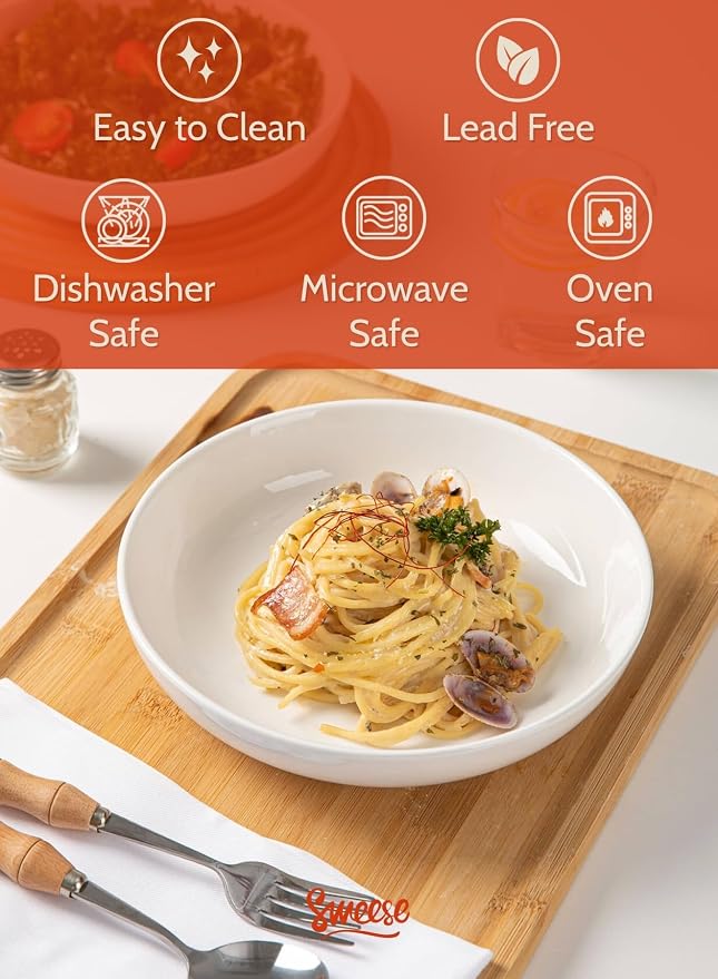 Sweese 22oz Porcelain Pasta Bowls Set of 6-7.6 Inch White Salad Serving Plates, Microwave Dishwasher Safe Dinnerware
