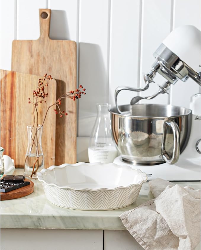 Deep Pie Dish for Baking, Ceramic Pie Pan for Apple Pie, Tart, Quiche Baking Dish, Farmhouse Decor Pie Plate, Deep Dish Pie Pan, Oven Safe, Off-White, Wave