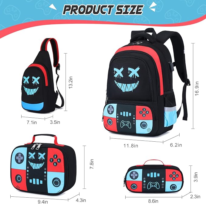 Backpack for School Boys, Cool Luminous Gamer Boys Schoolbag | with Lunch Box & Pencil Case Set for Kids Teens Elementary Middle School, Bookbag Glow In The Dark