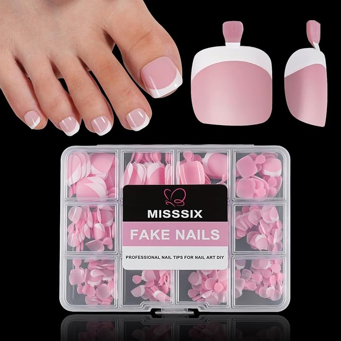 Misssix Press on Toenails Short, 216pcs French Tip Toe Nails Square in Box | Soft Gel Fake Pre-shaped Full Cover Acrylic for Women DIY 12 Sizes