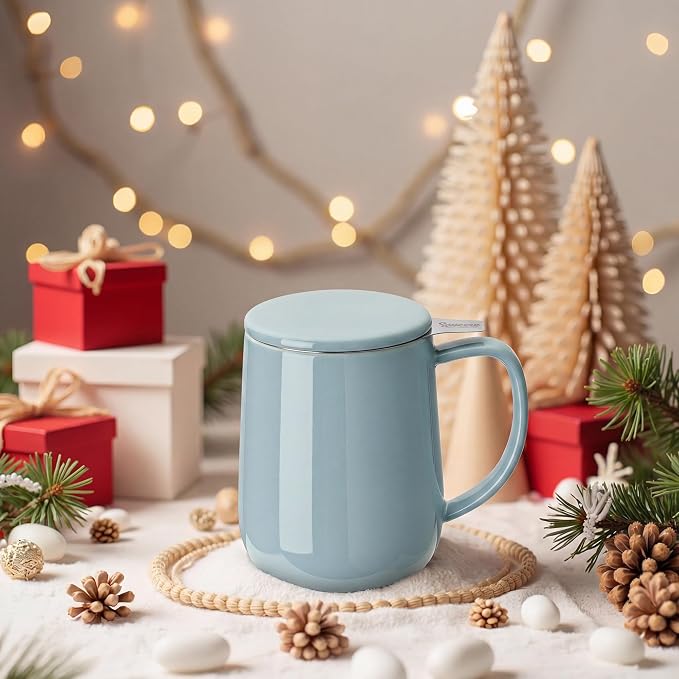 Sweese 20 OZ Porcelain Tea Mug with Infuser and Lid, Bluish Grey Tea Cup