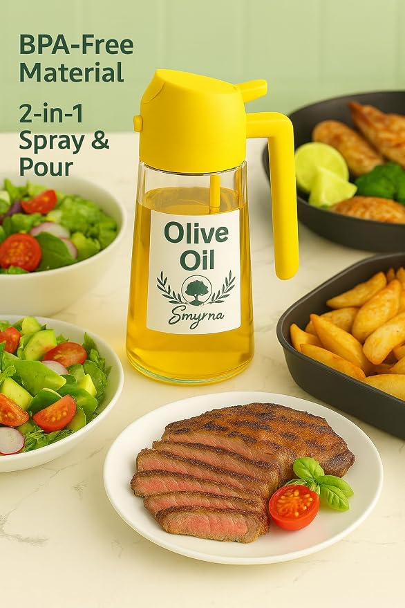 Glass Olive Oil Sprayer 16oz/470ml – 2-in-1 Oil Dispenser & Spray Bottle for Cooking, Portion Control, Salad, Air Fryer, BBQ – Leak-Proof, Fine Mist Bottle with 6 Decorative Labels (Yellow)